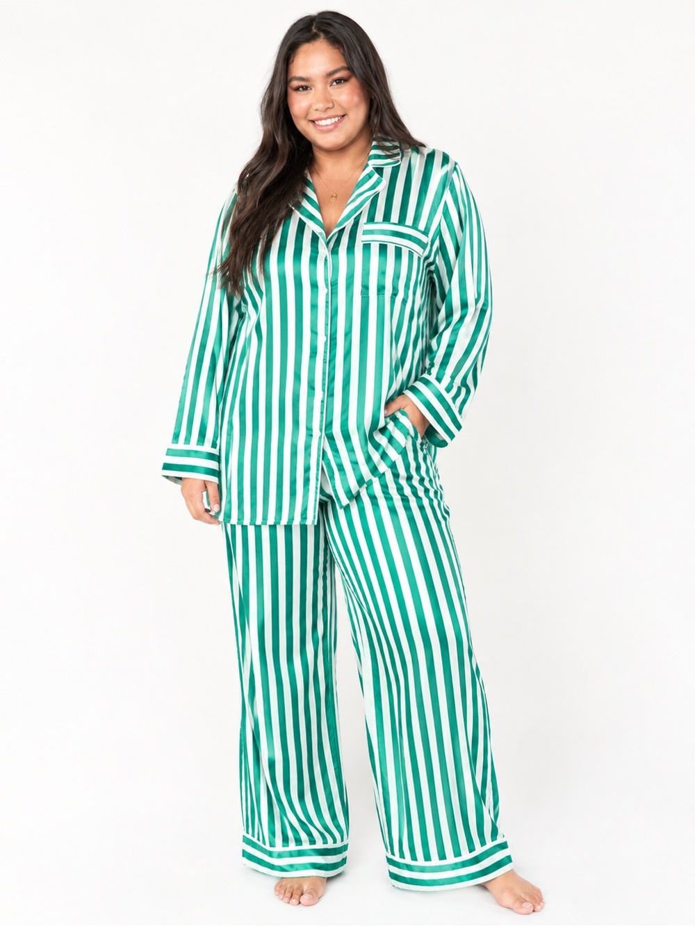 Show Me Your Mumu Striped Green and White Satin Pajama Set - NWOT